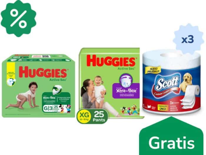 Pañales Huggies Active Sec Etapa 3/G x 25 Unds + Pañales Huggies Active Sec Etapa 4/XG x 25 Unds + Gratis Papel Higiénico Scott Cuidado Completo x 3 Unds