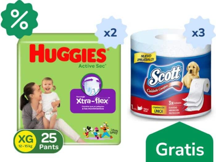 Pañales Huggies Active Sec Etapa 4/XG x 25 Unds x 2 Paquetes + Gratis Papel Higiénico Scott Cuidado Completo x 3 Unds