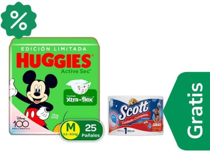 Pañales Huggies Active Sec Etapa 2/M x 25 Unds + Gratis Papel Higiénico Scott Cuidado Completo x 1 Und