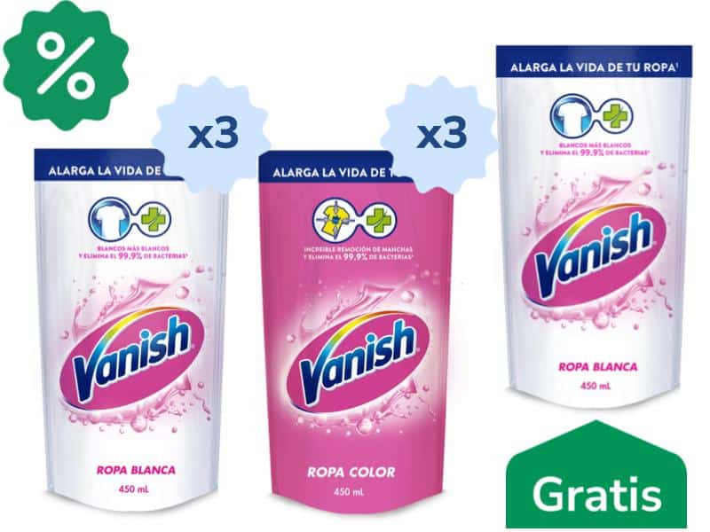 Desmanchador Vanish Doypack x 450 ml Rosa x 3 Unds + Blanco x 3 Unds Gratis Blanco x 1 Un