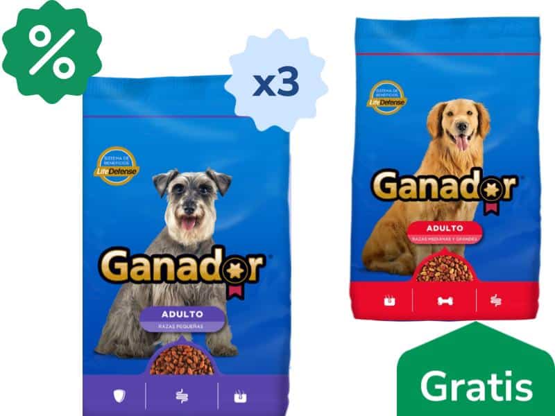 Concentrado Ganador Adulto Raza Pequeña Bolsa x 500 gr x 3 Unds Gratis Adulto Raza Mediana y Grande Bolsa x 500 gr