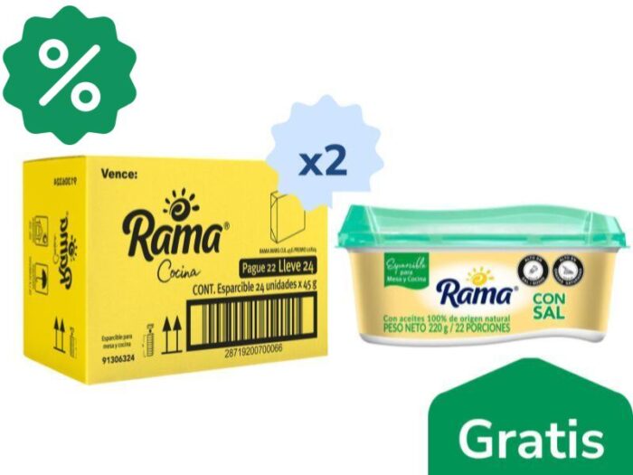 Pague 22 Lleve 24 Mantequilla Rama Esparcible Con Sal Tarro x 45 gr x 2 Cajas Gratis Rama Con Sal x 220 gr